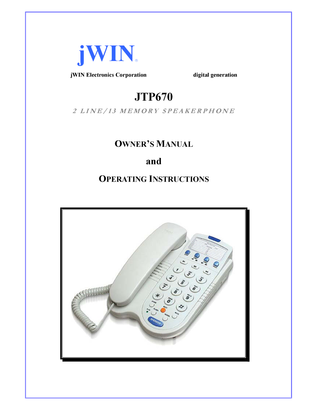 Jwin JT-P670 owner manual Jwin 