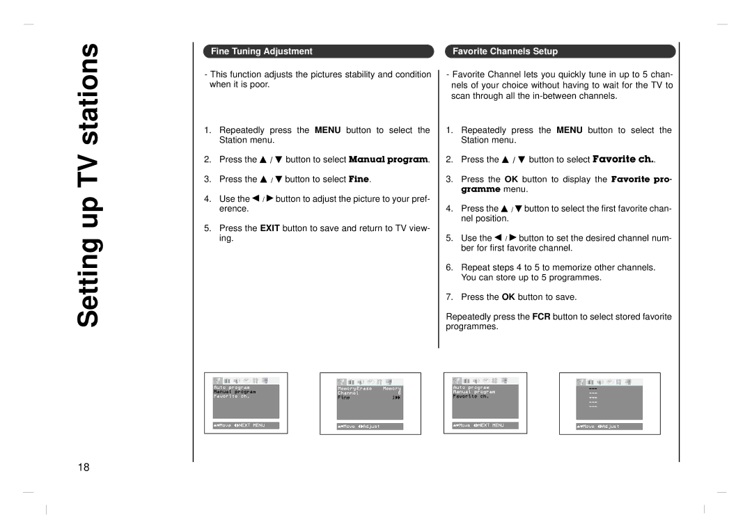 Jwin JV-DTV17 owner manual Setting up TV stations, Fine Tuning Adjustment Favorite Channels Setup 