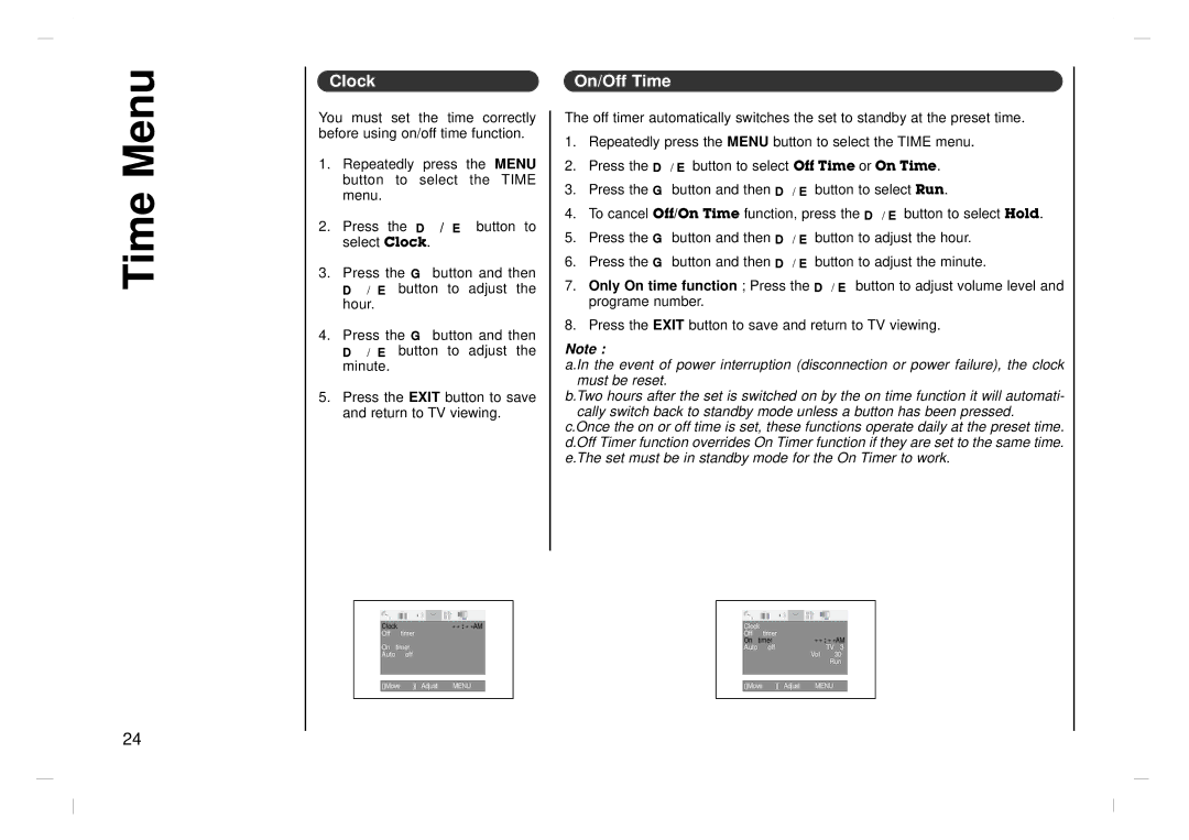 Jwin JV-DTV17 owner manual Time Menu, Clock, On/Off Time 