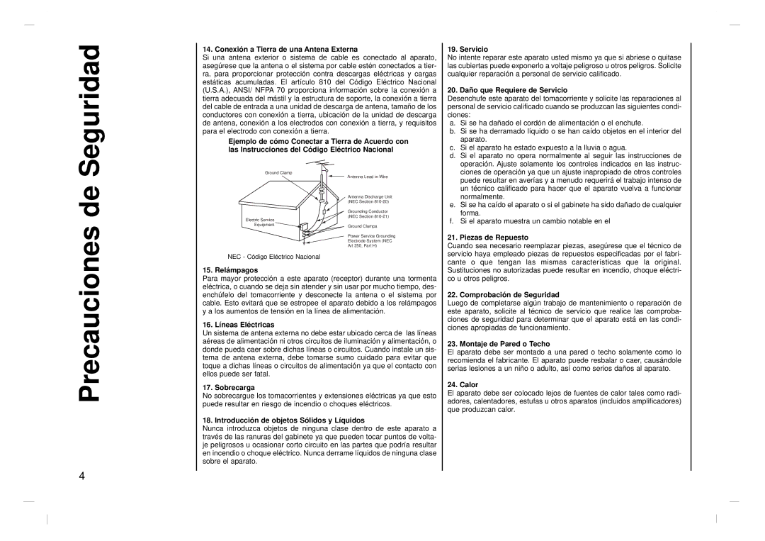 Jwin JV-DTV17 owner manual Precauciones de Seguridad, Conexión a T ierra de una Antena Externa 