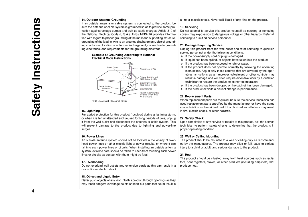 Jwin JV-DTV17 owner manual Safety Instructions, Outdoor Antenna Grounding 