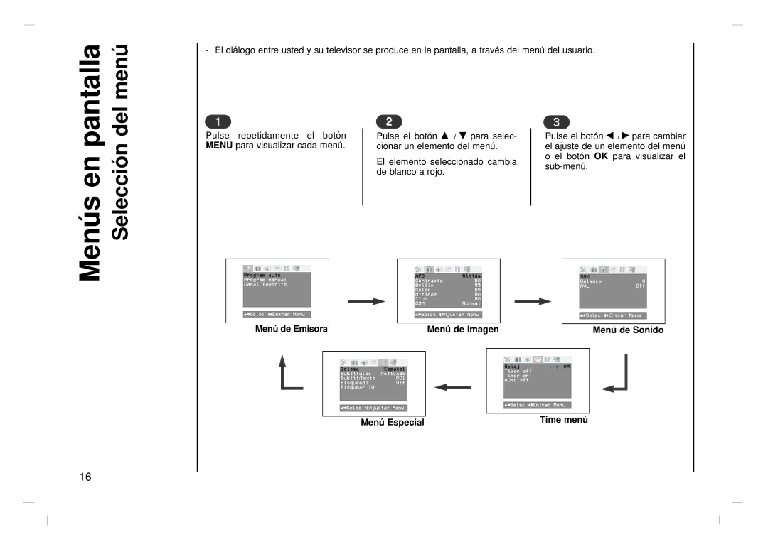 Jwin JV-DTV17 owner manual Menús en, Menú de Emisora, Menú de Imagen, Menú de Sonido 