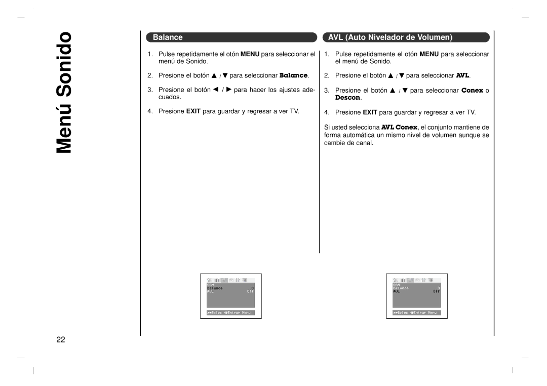 Jwin JV-DTV17 owner manual Menú Sonido, Balance AVL Auto Nivelador de Volumen 