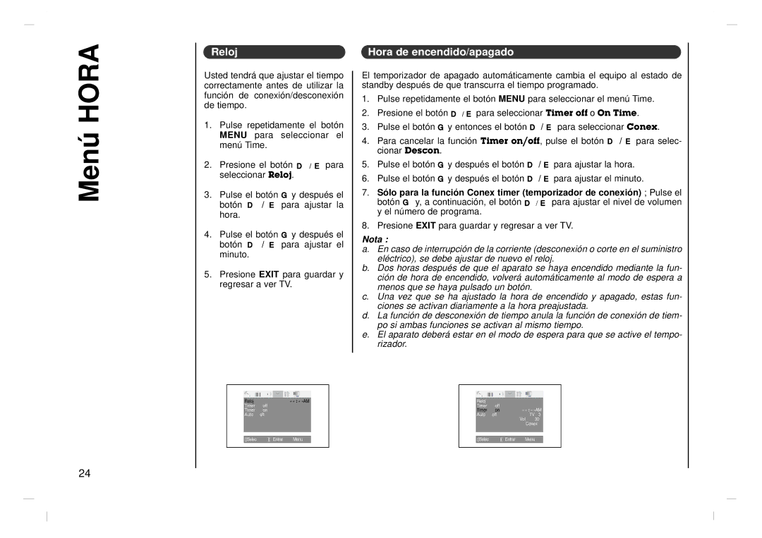 Jwin JV-DTV17 owner manual Menú Hora, Reloj, Hora de encendido/apagado 