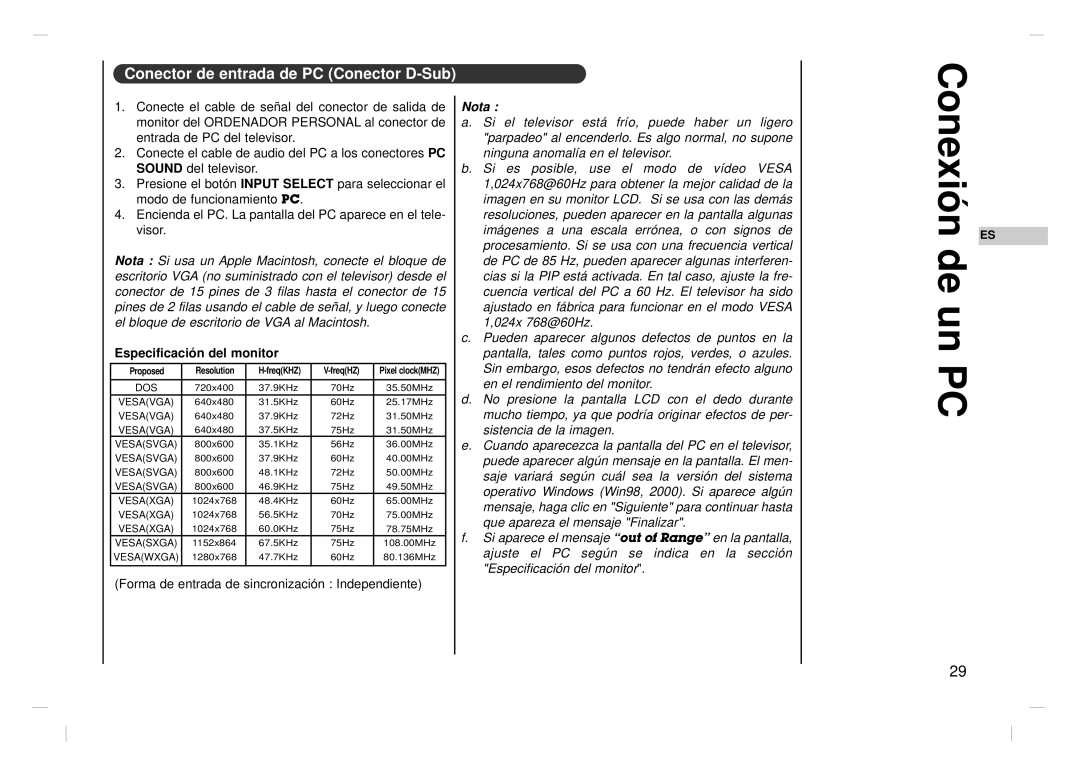 Jwin JV-DTV17 owner manual Conexión de un PC, Conector de entrada de PC Conector D-Sub, Especificación del monitor 