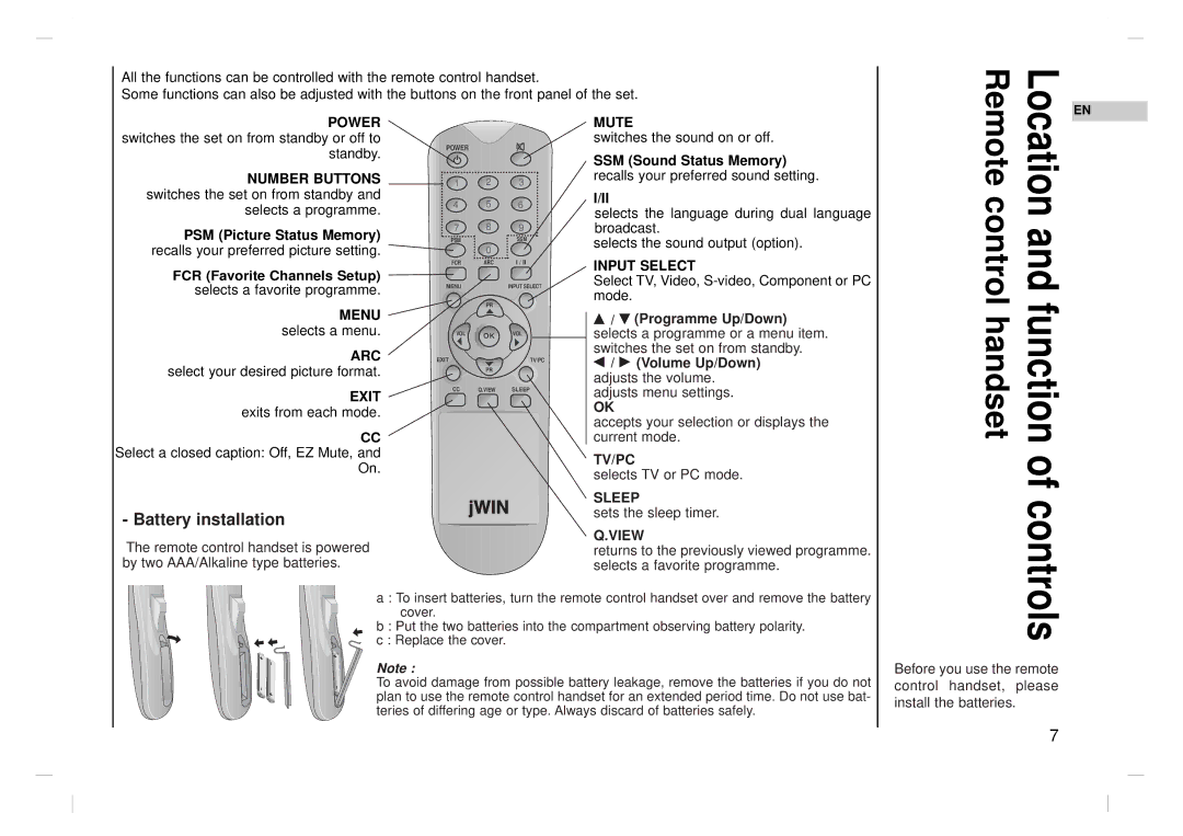 Jwin JV-DTV17 owner manual Battery installation 