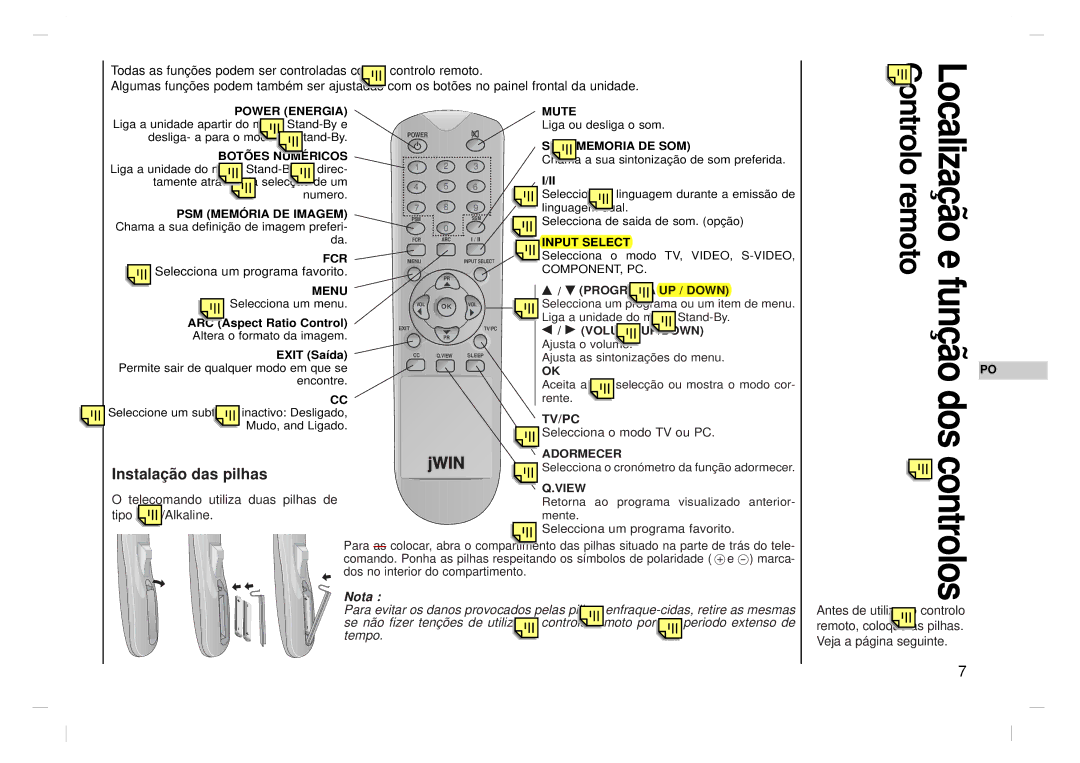 Jwin JV-DTV17 owner manual Dos controlos, Instalação das pilhas 