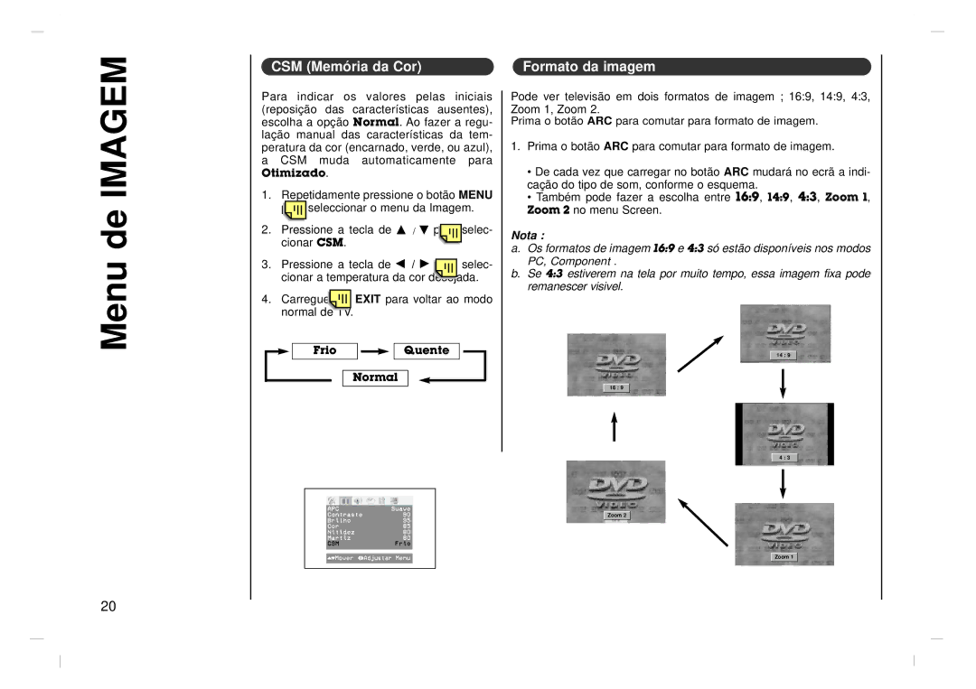 Jwin JV-DTV17 owner manual Menu de Imagem, CSM Memória da Cor Formato da imagem 