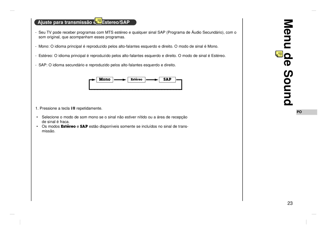 Jwin JV-DTV17 owner manual Ajuste para transmissão em Estereo/SAP 