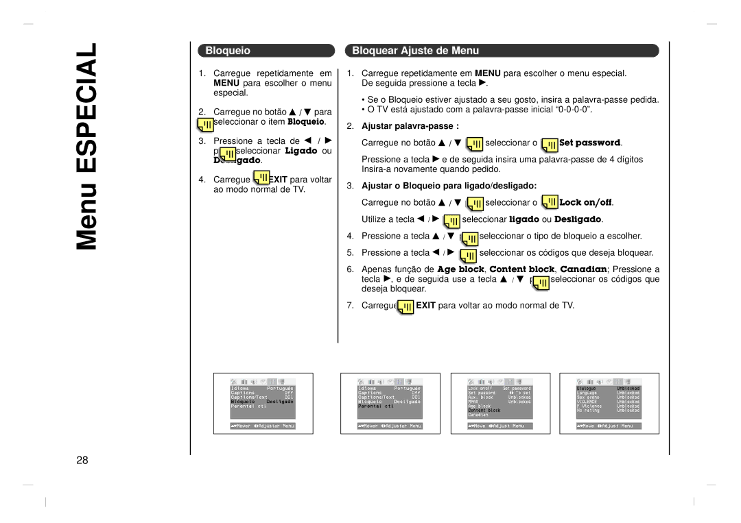 Jwin JV-DTV17 owner manual Menu Especial, Bloqueio Bloquear Ajuste de Menu, Ajustar palavra-passe 