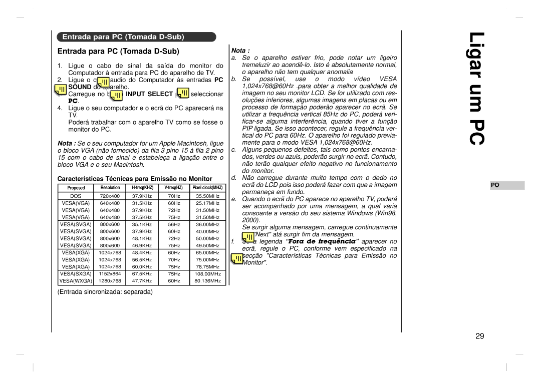 Jwin JV-DTV17 owner manual Ligar um PC, Entrada para PC Tomada D-Sub, Características Técnicas para Emissão no Monitor 