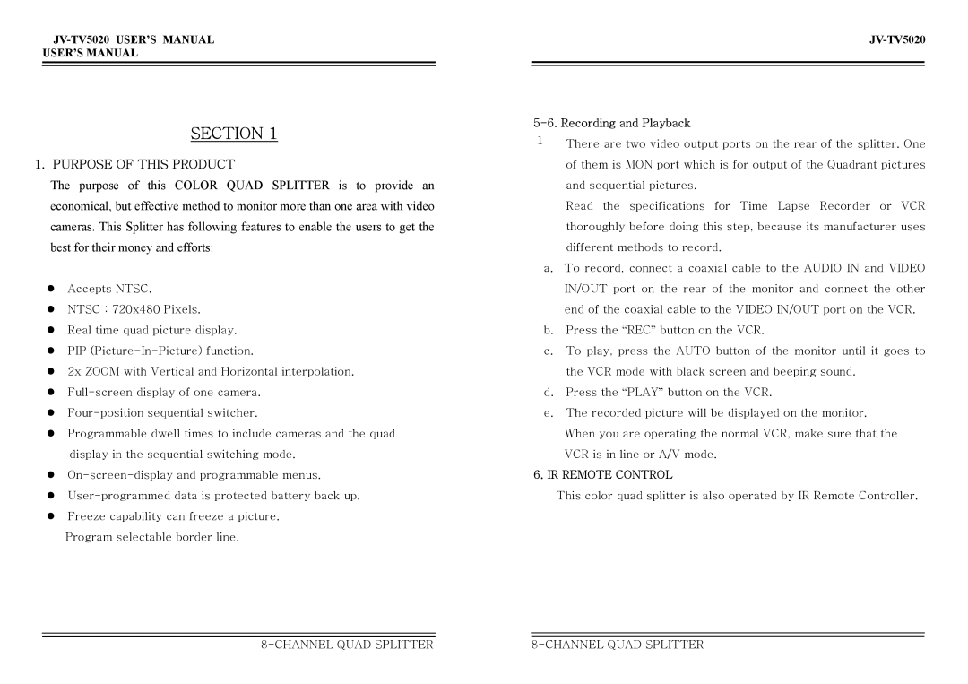 Jwin JV-TV5020 user manual Section, Purpose of this Product 