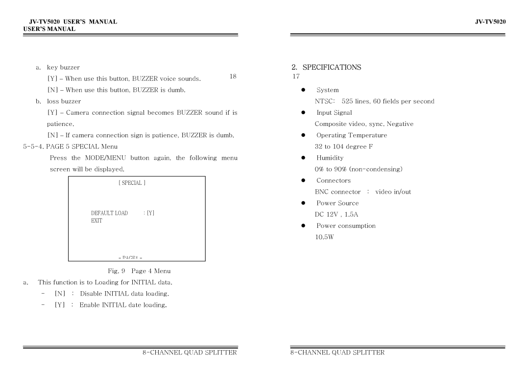 Jwin JV-TV5020 user manual Specifications 