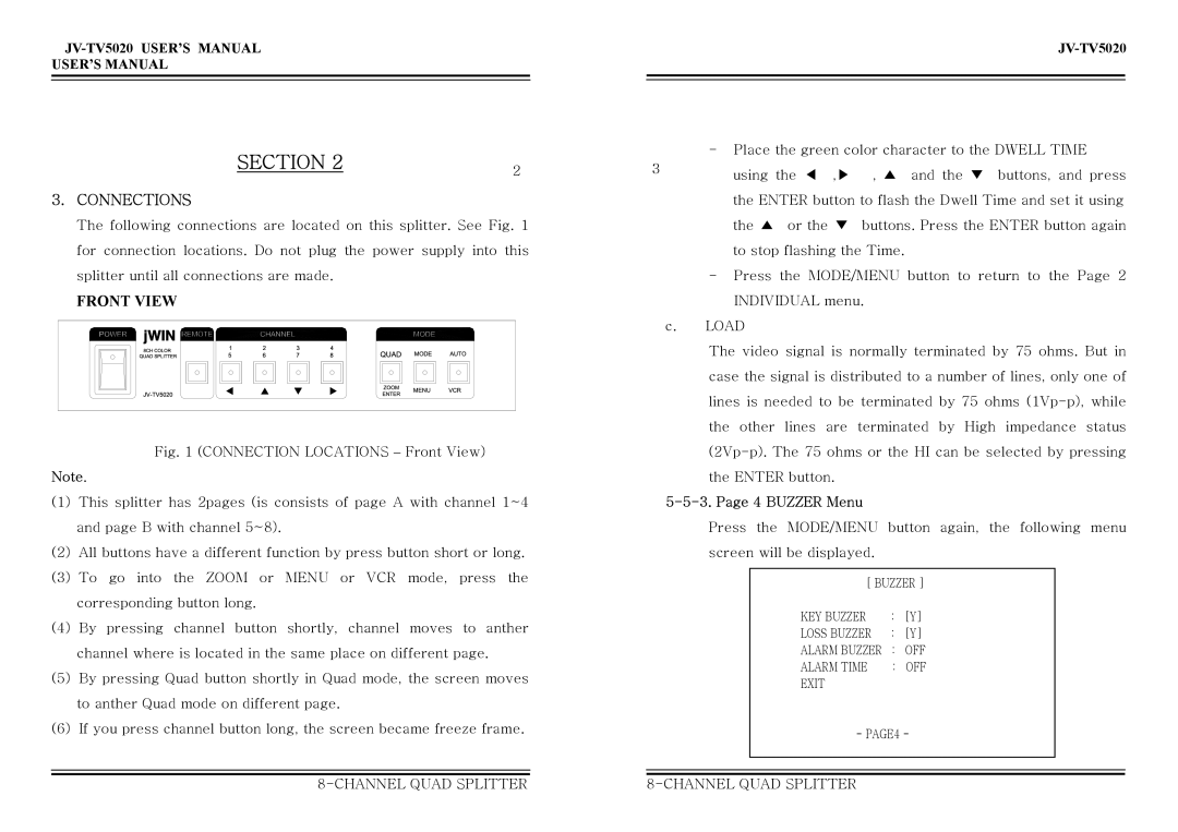 Jwin JV-TV5020 user manual Connections, Buzzer Menu 