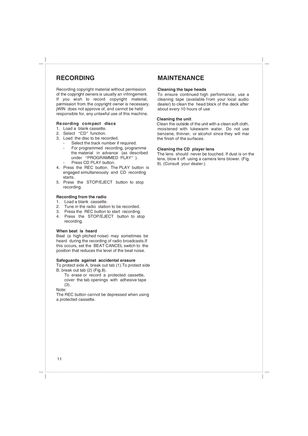 Jwin JX-43000D instruction manual Recordingmaintenance 