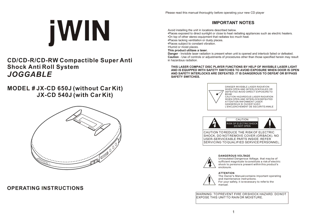 Jwin JX-CD 540J, JX-CD 650J user service Important Notes, This product utilizes a laser 