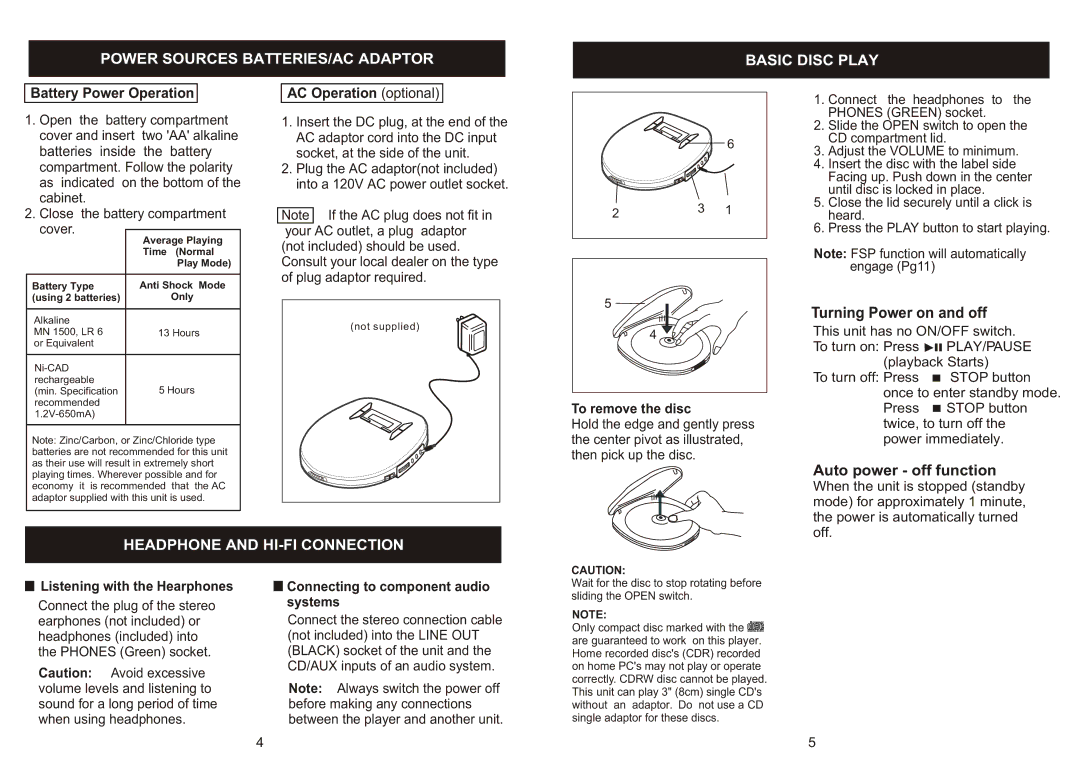 Jwin JX-CD 540J Power Sources BATTERIES/AC Adaptor Basic Disc Play, Battery Power Operation, AC Operation optional 
