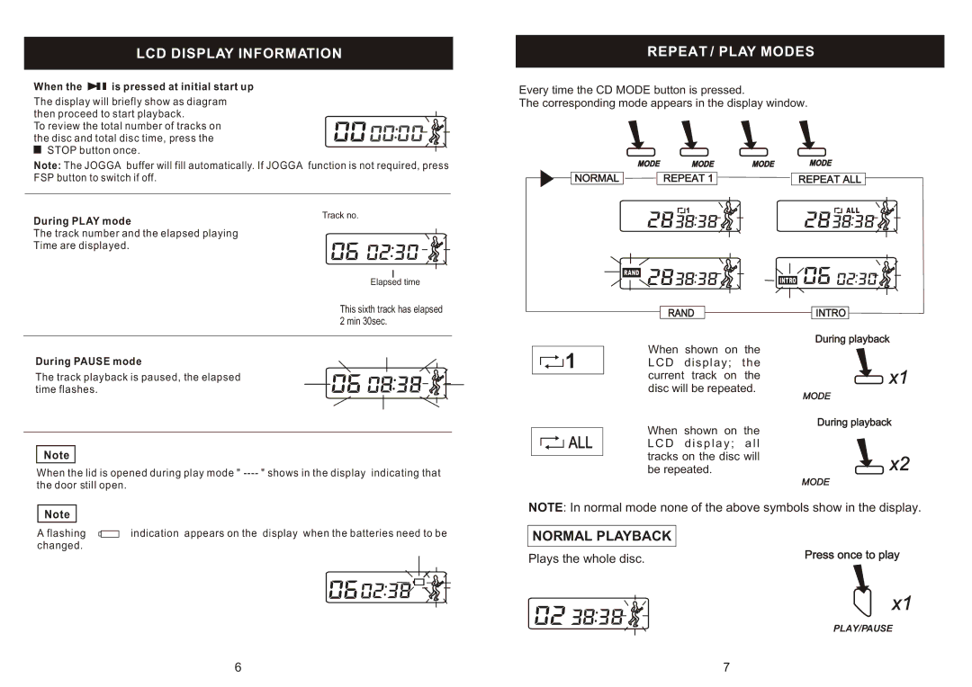 Jwin JX-CD 650J, JX-CD 540J user service LCD Display Information, Repeat / Play Modes 