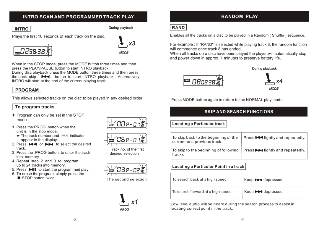 Jwin JX-CD 540J, JX-CD 650J user service Intro Scan and Programmed Track Play, Random Play, Skip and Search Functions 