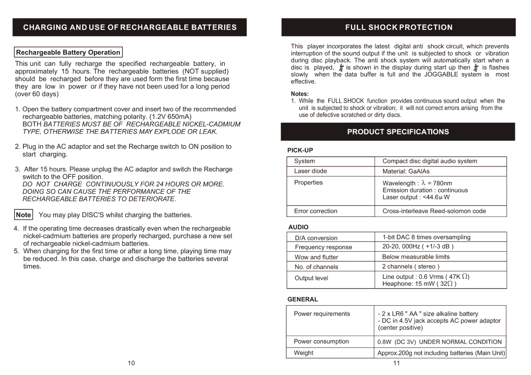 Jwin JX-CD 650J, JX-CD 540J Charging and USE of Rechargeable Batteries, Full Shock Protection, Product Specifications 