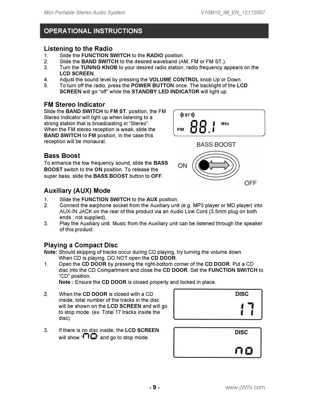 Jwin JX-CD2100 instruction manual Operational Instructions 