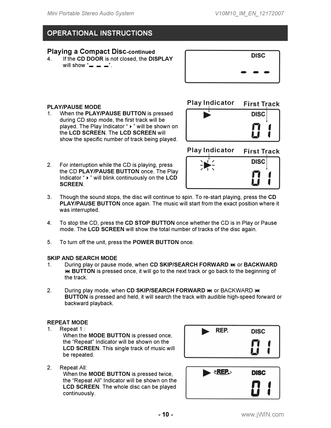 Jwin JX-CD2100 instruction manual PLAY/PAUSE Mode, Skip and Search Mode, Repeat Mode 