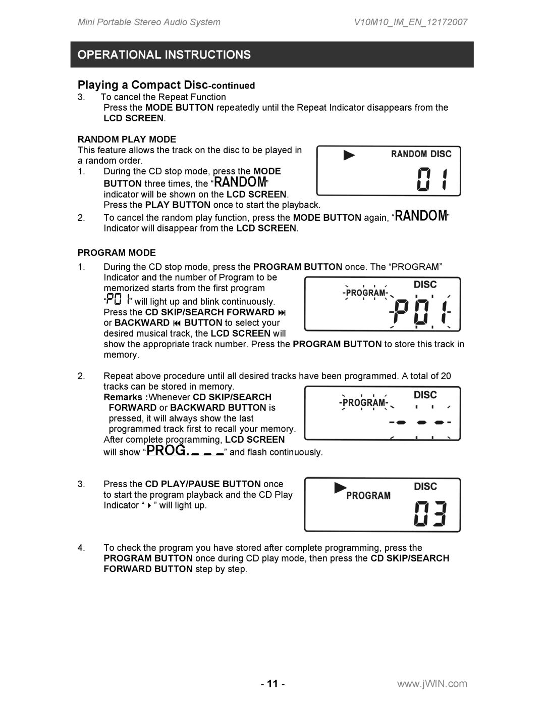 Jwin JX-CD2100 instruction manual LCD Screen Random Play Mode, Program Mode 