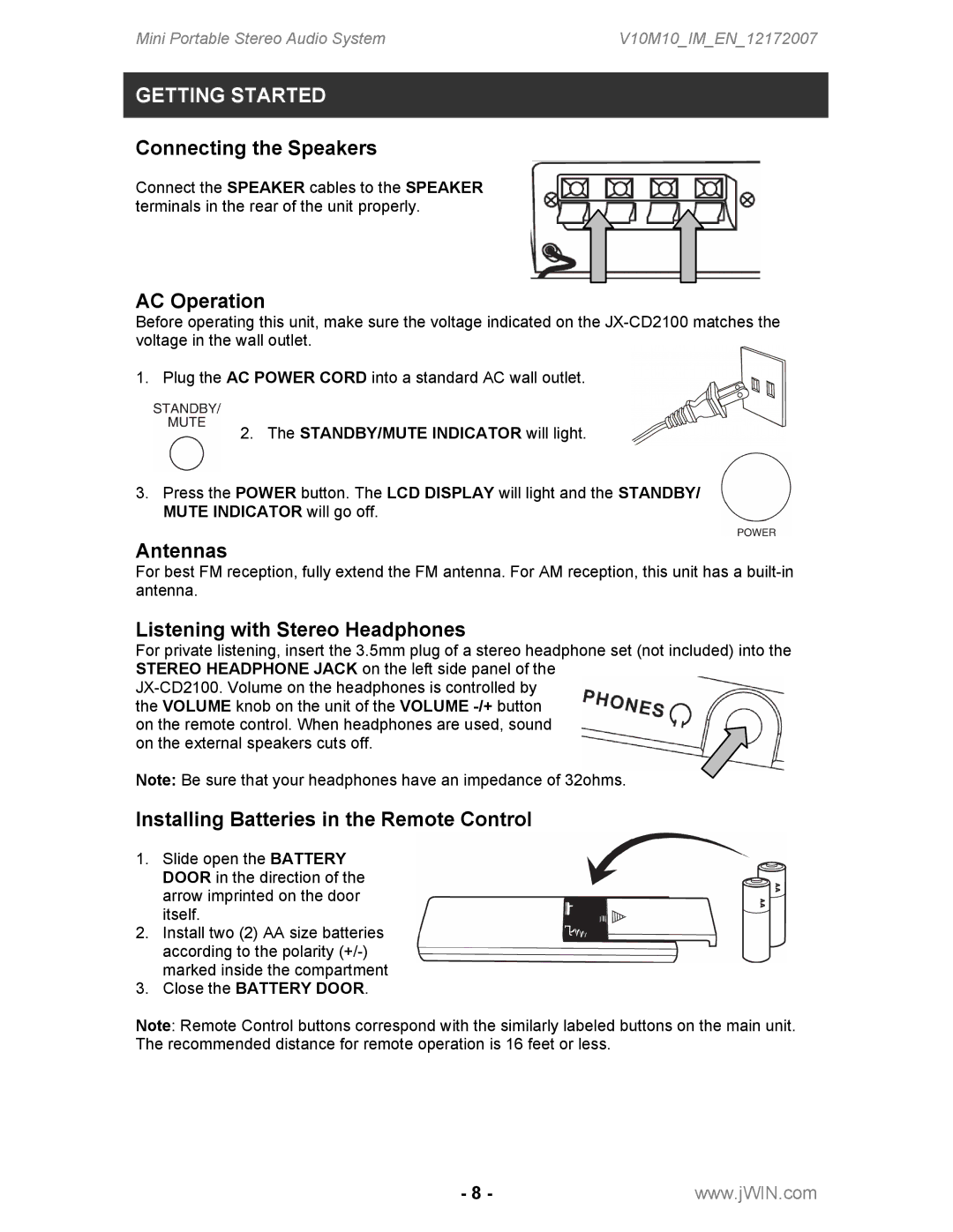 Jwin JX-CD2100 instruction manual Connecting the Speakers, AC Operation, Antennas, Listening with Stereo Headphones 