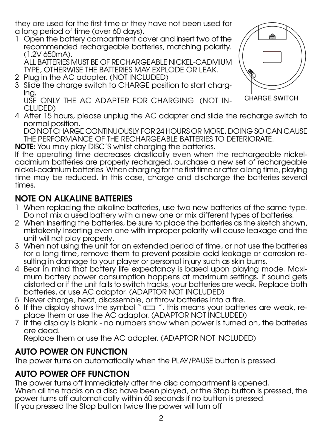 Jwin JX-CD280 Auto Power on Function, Auto Power OFF Function, TYPE, Otherwise the Batteries MAY Explode or Leak 