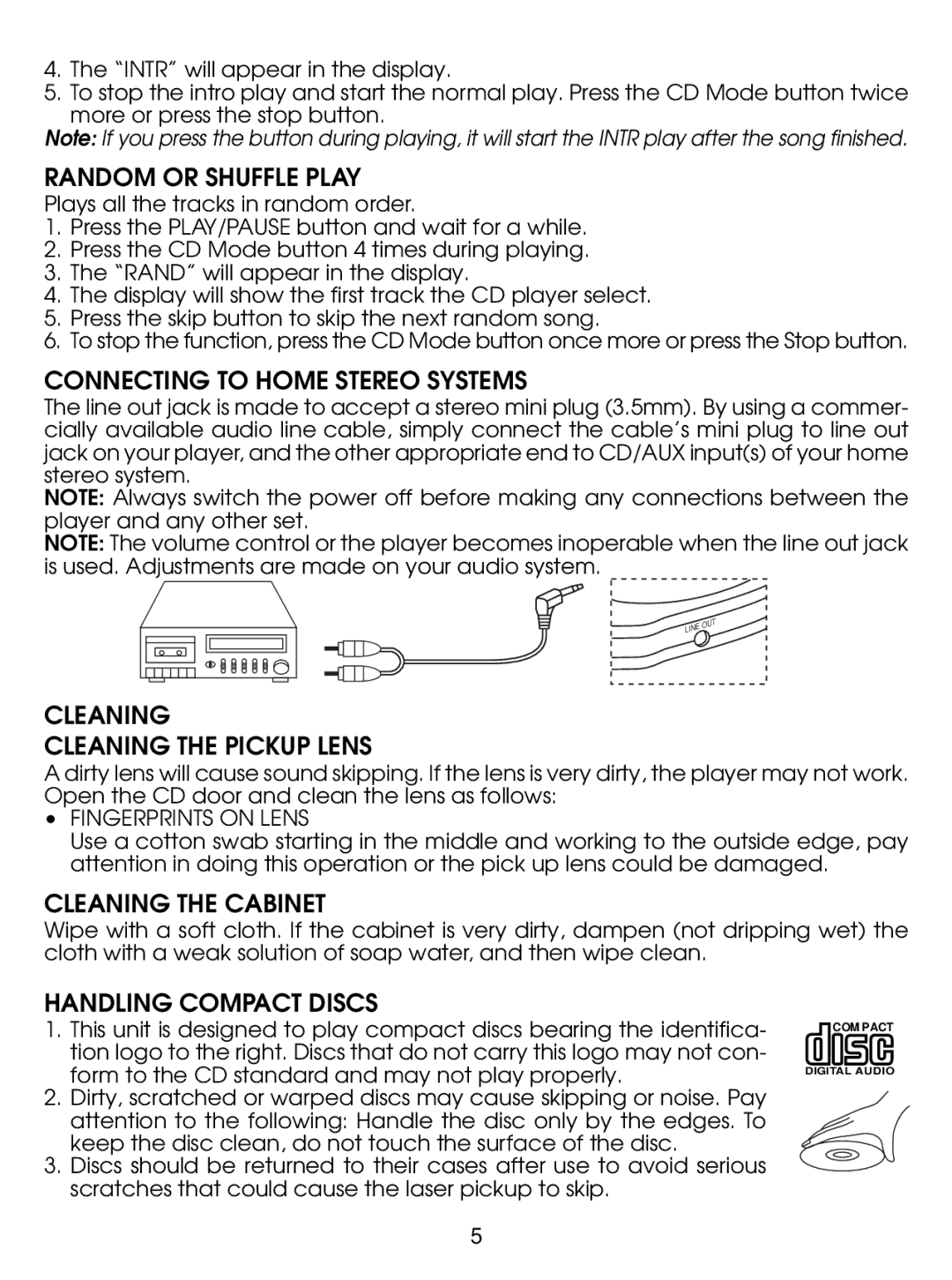 Jwin JX-CD280 Random or Shuffle Play, Connecting to Home Stereo Systems, Cleaning Cleaning the Pickup Lens 