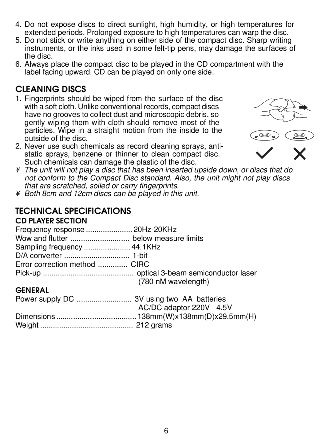 Jwin JX-CD280 instruction manual Cleaning Discs, Technical Specifications, CD Player Section, Circ, General 