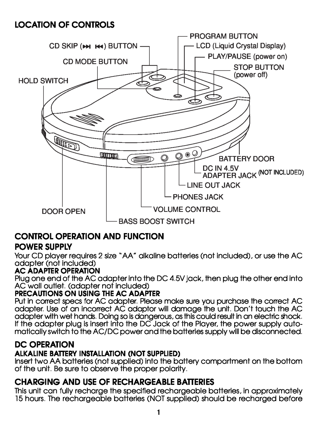 Jwin JX-CD280 instruction manual Location Of Controls, Control Operation And Function Power Supply, Dc Operation 