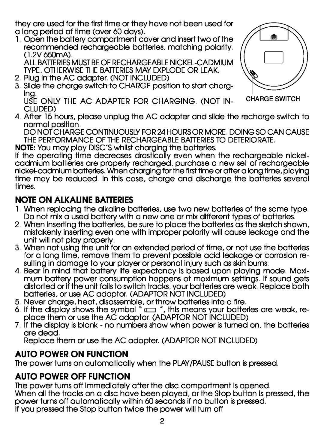 Jwin JX-CD280 instruction manual Note On Alkaline Batteries, Auto Power On Function, Auto Power Off Function 