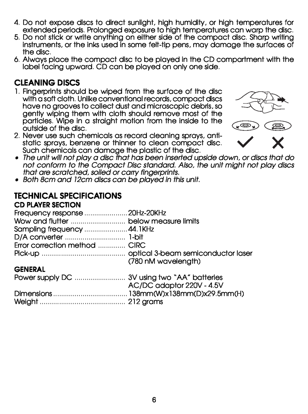 Jwin JX-CD280 instruction manual Cleaning Discs, Technical Specifications 