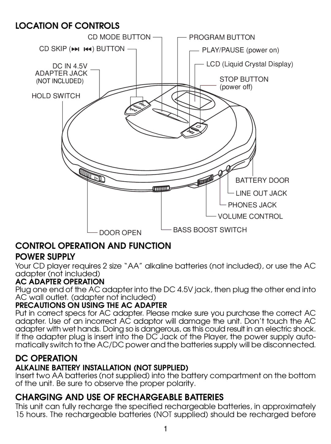 Jwin JX-CD290 instruction manual Location of Controls, Control Operation and Function Power Supply, DC Operation 