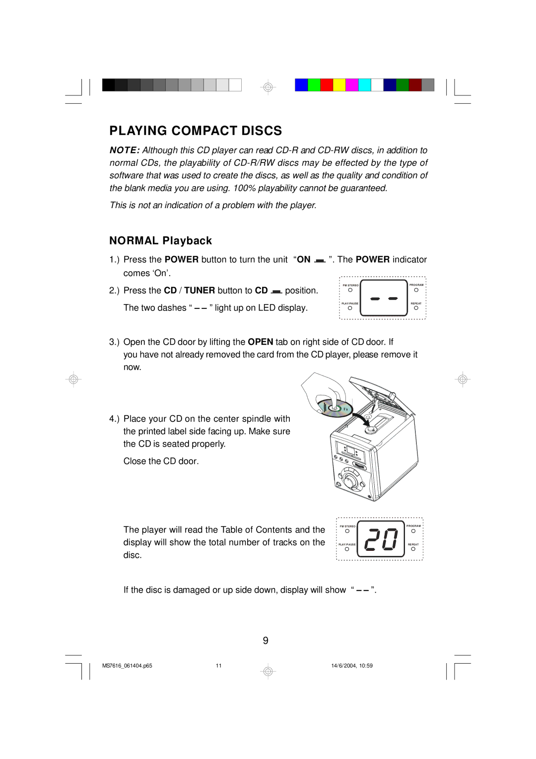 Jwin JX-CD3150D manual Playing Compact Discs, Normal Playback 