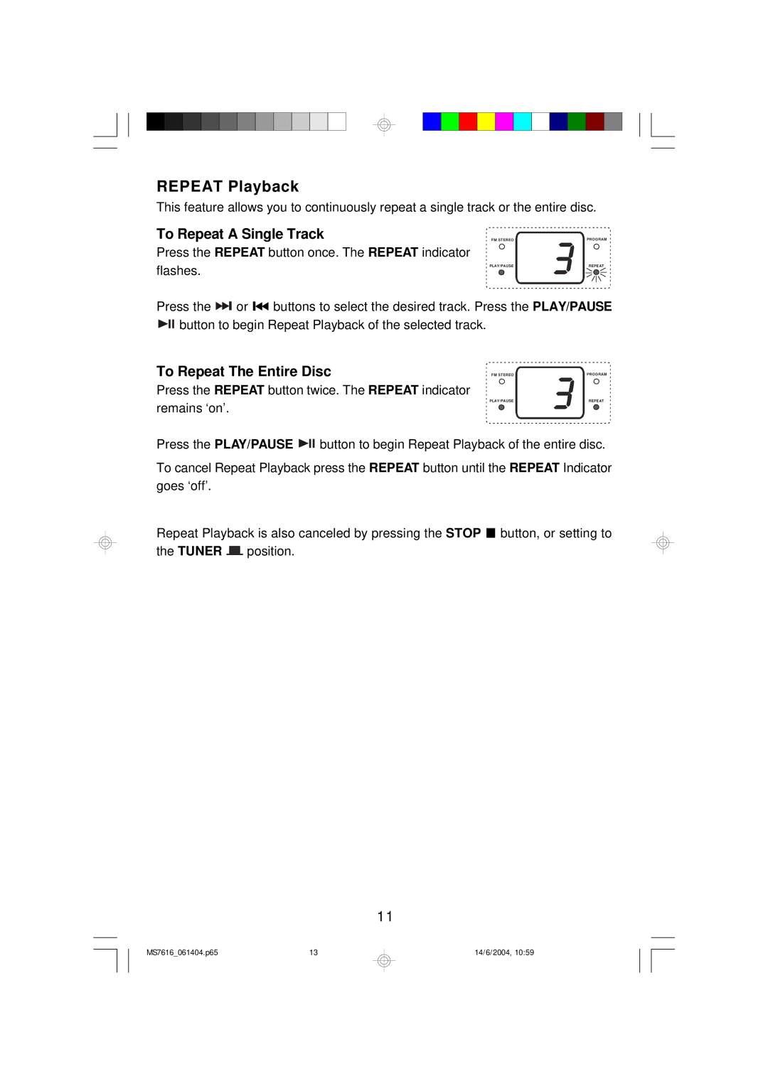 Jwin JX-CD3150D manual Repeat Playback, To Repeat a Single Track 