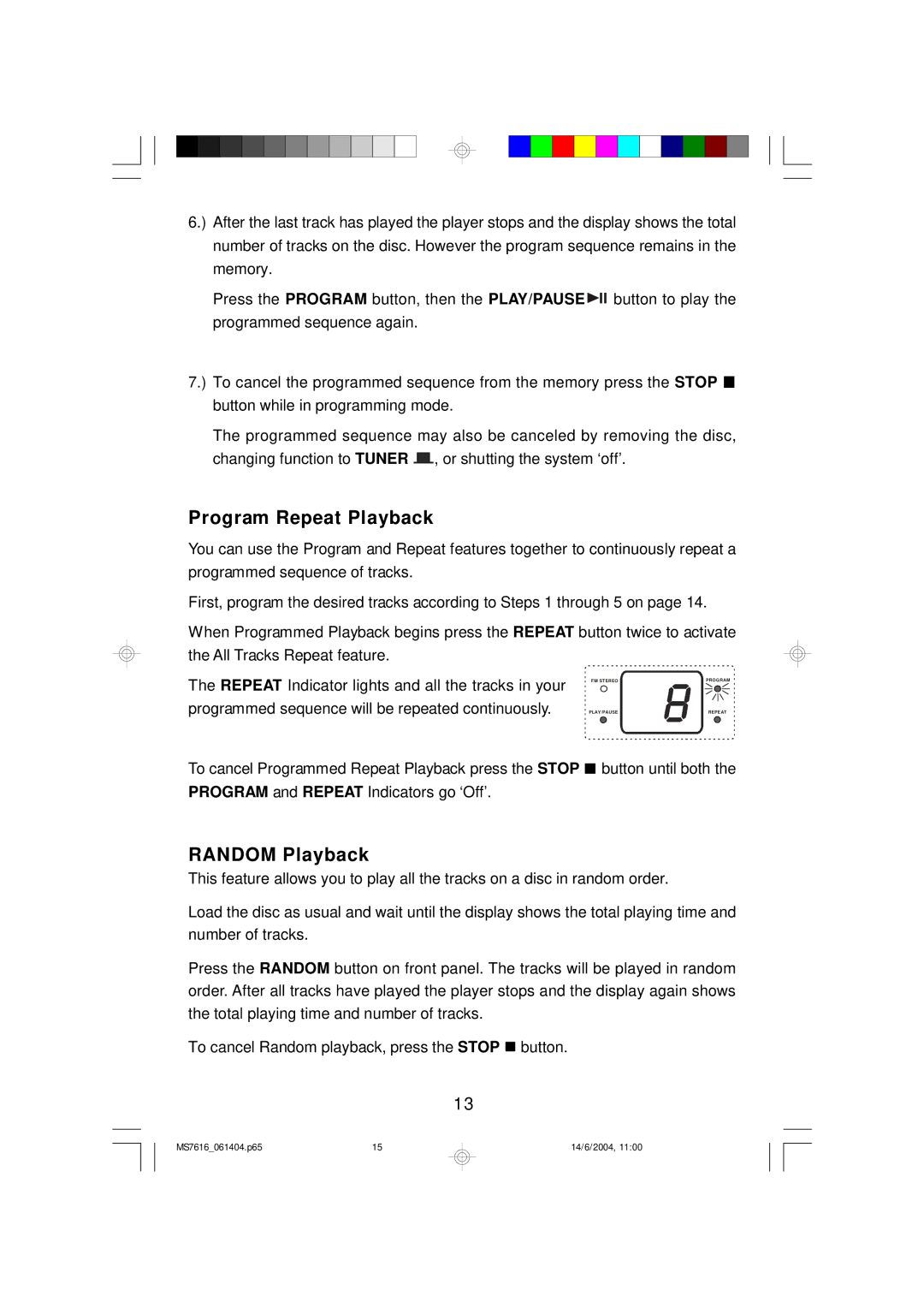 Jwin JX-CD3150D manual Program Repeat Playback, Random Playback 