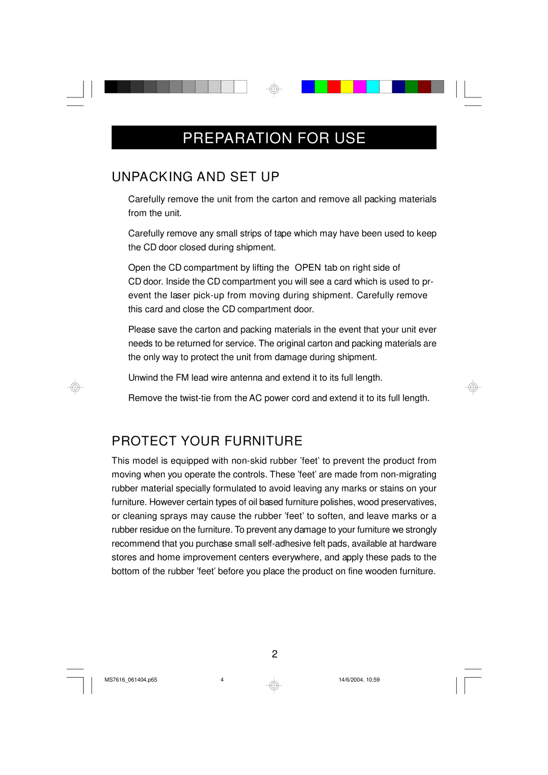 Jwin JX-CD3150D manual Unpacking and SET UP, Protect Your Furniture 