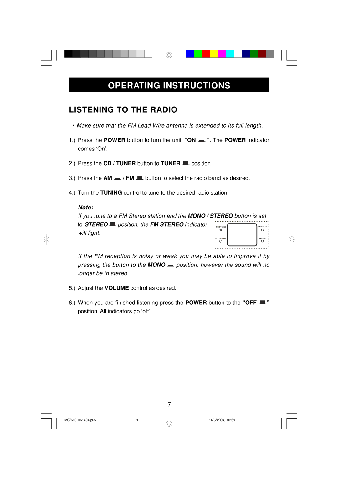 Jwin JX-CD3150D manual Operating Instructions, Listening to the Radio 