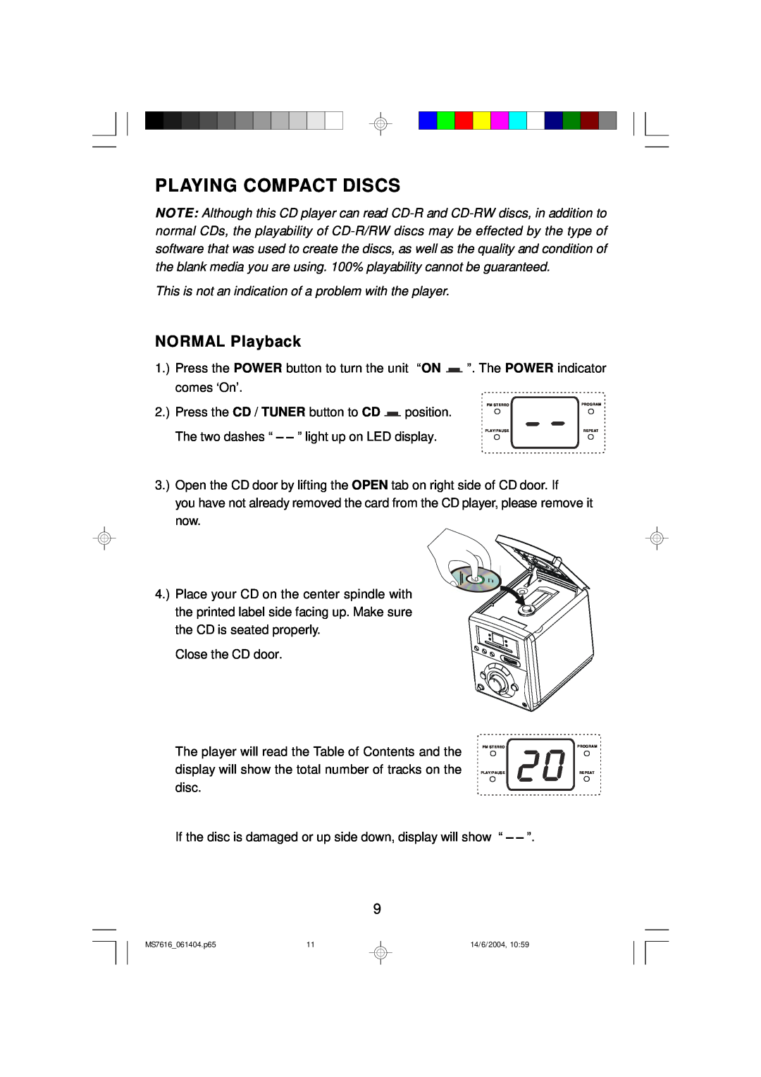 Jwin JX-CD3150D manual Playing Compact Discs, NORMAL Playback, disc 