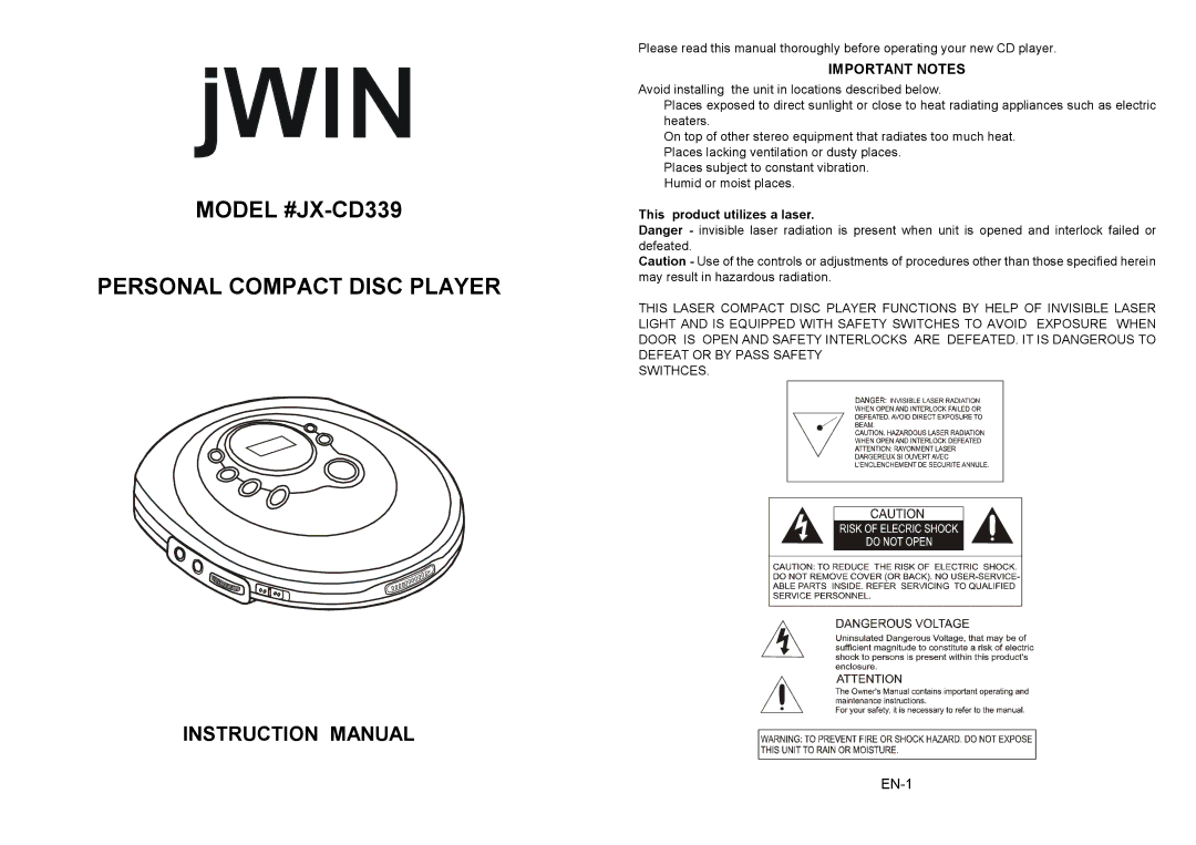 Jwin instruction manual Model #JX-CD339 Personal Compact Disc Player 