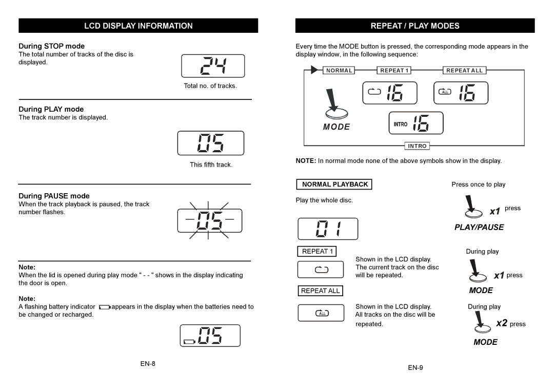 Jwin JX-CD339 instruction manual LCD Display Information, Repeat / Play Modes, Play/Pause 