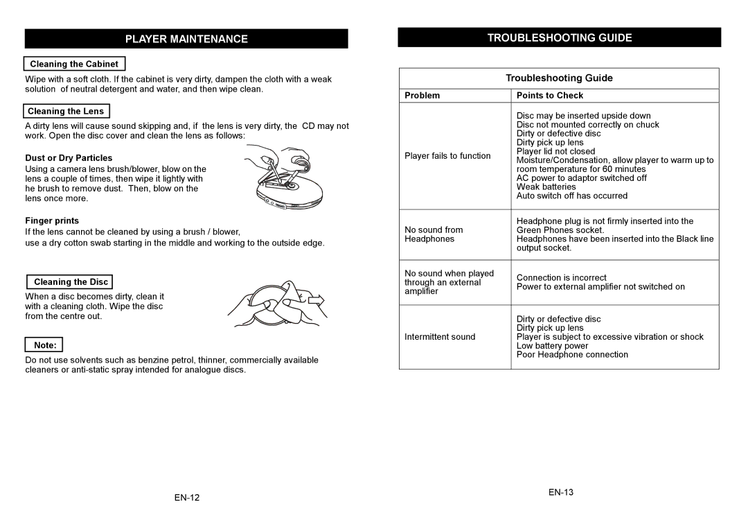 Jwin JX-CD339 instruction manual Player Maintenance, Troubleshooting Guide 