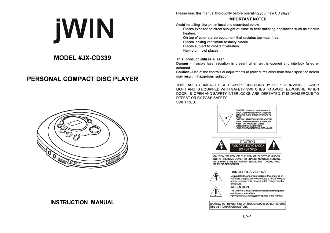 Jwin instruction manual Important Notes, MODEL #JX-CD339 PERSONAL COMPACT DISC PLAYER, This product utilizes a laser 
