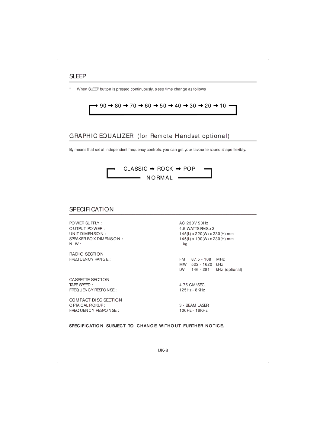 Jwin JX-CD4000 manual Sleep, Specification 