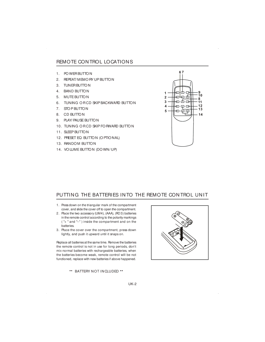 Jwin JX-CD4000 manual Remote Control Locations, Putting the Batteries Into the Remote Control Unit 