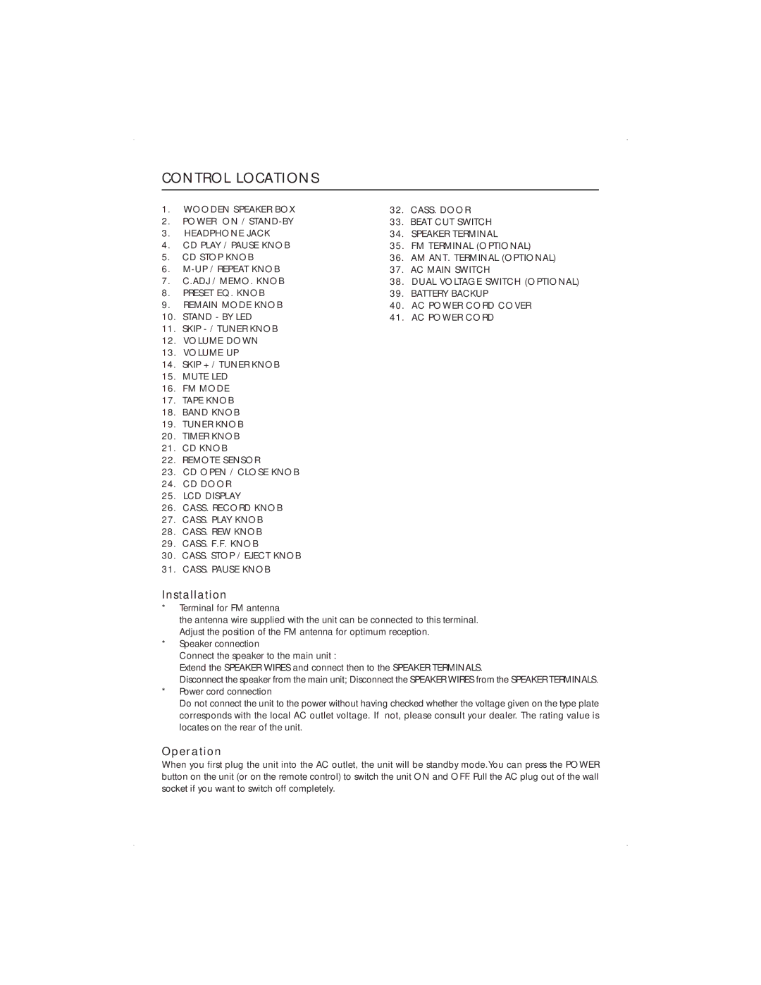 Jwin JX-CD4000 manual Control Locations, Installation, Operation 