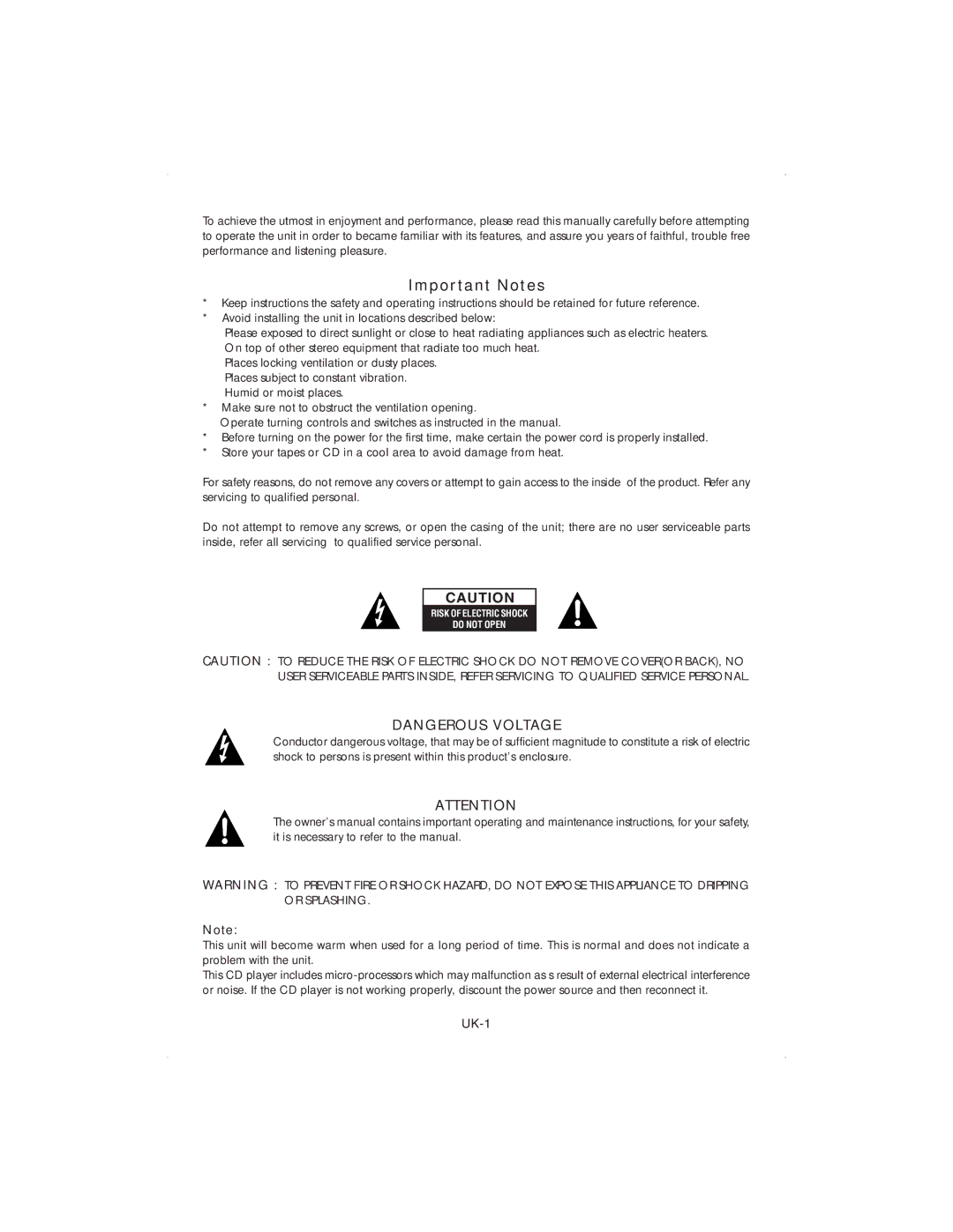 Jwin JX-CD4000 manual Important Notes 