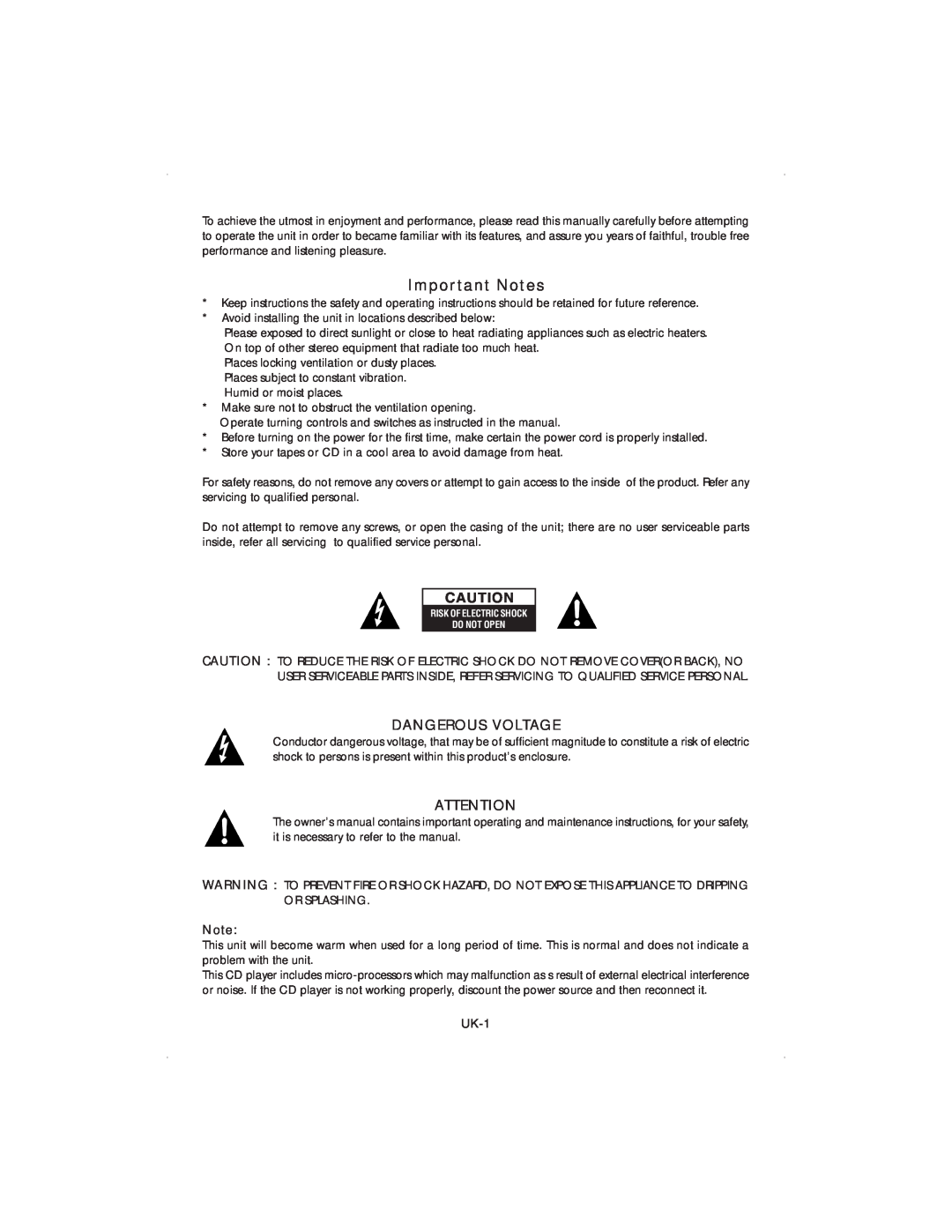 Jwin JX-CD4000 manual Dangerous Voltage, Important Notes 